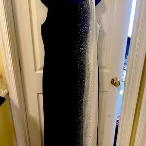 Calvin Klein black and white evening gown with shimmering sequins.